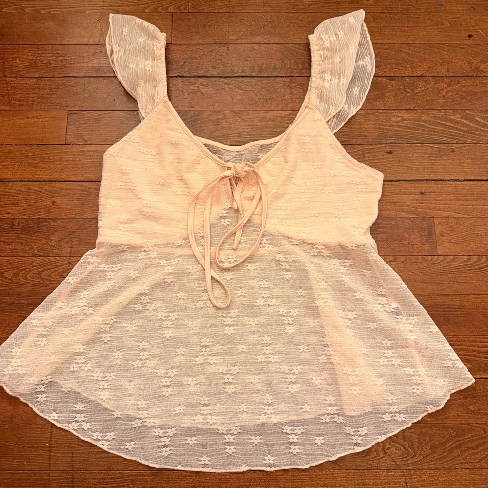 Peach Nude Lace Babydoll Top with Flutter Sleeves